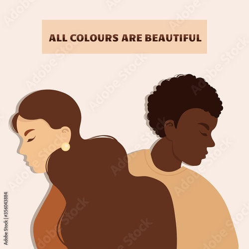 Stop racism. Black lives matter, we are equal. No racism concept. Flat style. Different skin colors. Supporting illustration. Vector.