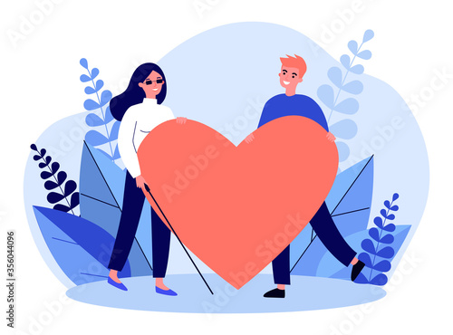 Visually impaired woman and man holding big heart. Romance, care, support flat vector illustration. Love and relationship concept for banner, website design or landing web page