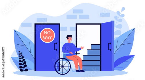 Handicapped man in wheelchair looking at staircase. Help, restriction, inability flat vector illustration. Social problem and assistance concept for banner, website design or landing web page