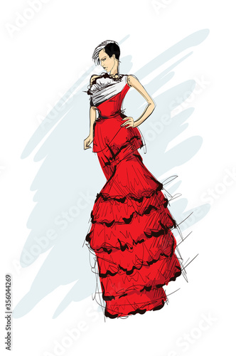 Beautiful young woman in modern style. Hand drawn stylish woman portrait. Fashion lady. Festive outfit. Sketch. Fashion model posing in dress. Hand drawn fashion woman.