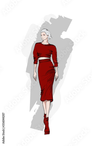 Beautiful young woman in modern style. Hand drawn stylish woman portrait. Fashion lady. Festive outfit. Sketch. Fashion model posing in dress. Hand drawn fashion woman.