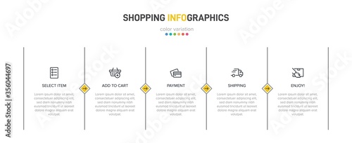 Concept of shopping process with 5 successive steps. Five colorful graphic elements. Timeline design for brochure, presentation, web site. Infographic design layout.