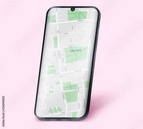 Example frameless model smartphone with map on screen. Smartphone layout mockup. Technology application mockup. Vector Illustration