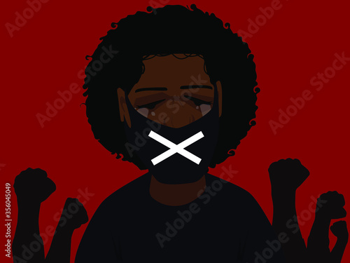 Crying black women in a medical mask at a rally against racism. The slogan on the T-shirt "Black lives matter" Stock image in black and red colors. For news, political blogs.