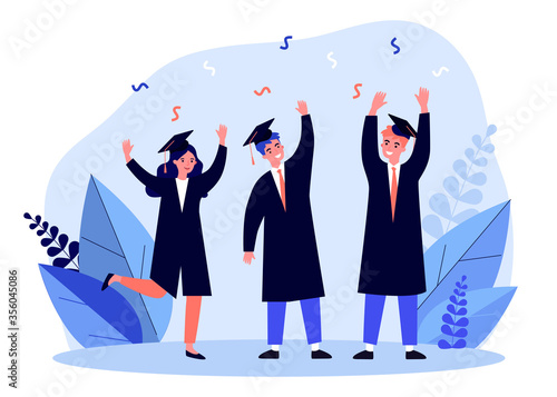 Happy students celebrating graduation from university. College, bachelor, diploma flat vector illustration. Education and learning concept for banner, website design or landing web page