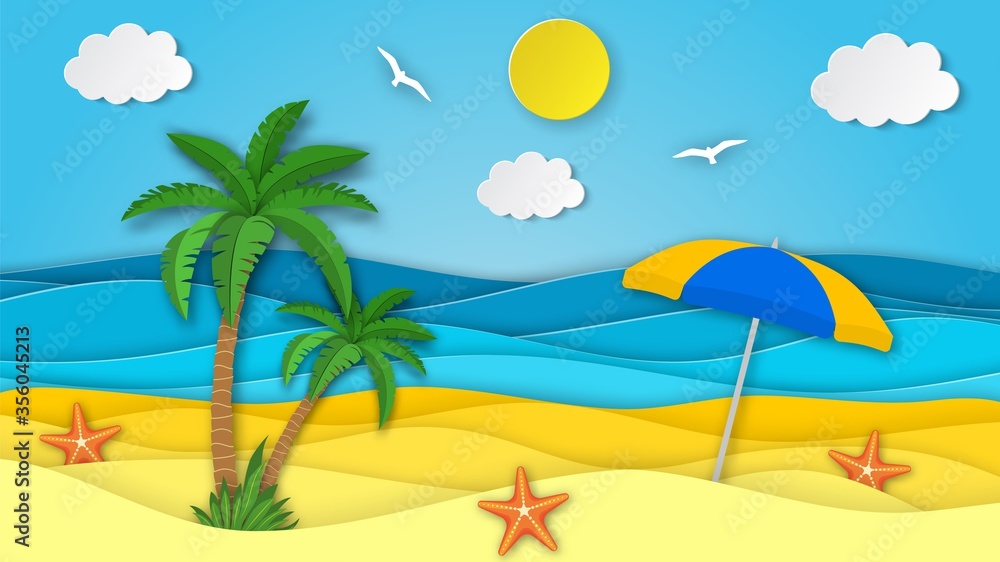 Sea landscape with beach with umbrella, waves,palm clouds. Paper cut out digital craft style. abstract blue sea and beach summer background with paper waves and seacoast. Vector illustration
