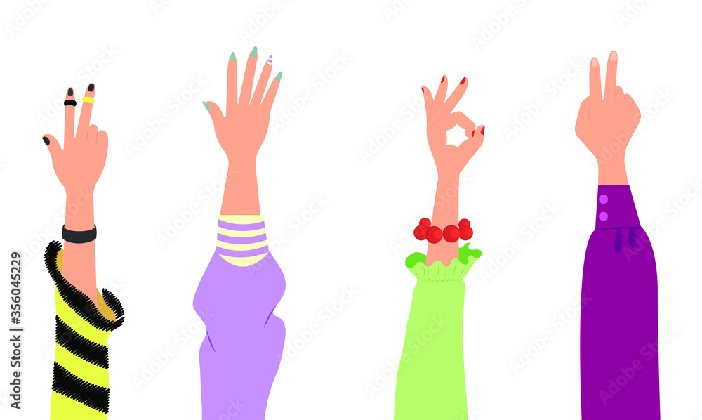 The hands of young people guys and girls raised up, approving gestures of youth. Vector, flat cartoon. Concept: approval, youth, gesture, fashion clothes, accessories, stylish, all is well, greeting. The hands of young people guys and girls raised up, approving gestures of youth. Vector, flat cartoon. Concept: approval, youth, gesture, fashion clothes, accessories, stylish, all is well, greeting.