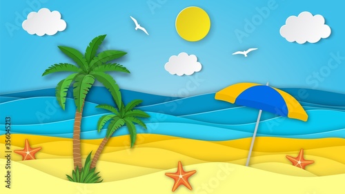 Sea landscape with beach with umbrella  waves palm clouds. Paper cut out digital craft style. abstract blue sea and beach summer background with paper waves and seacoast. Vector illustration