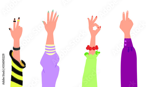 The hands of young people guys and girls raised up, approving gestures of youth. Vector, flat cartoon. Concept: approval, youth, gesture, fashion clothes, accessories, stylish, all is well, greeting.