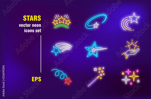 Stars neon signs collection. Magic wound, lightning and shining. Vector illustrations for night bright advertisement. Holiday and entertainment concept