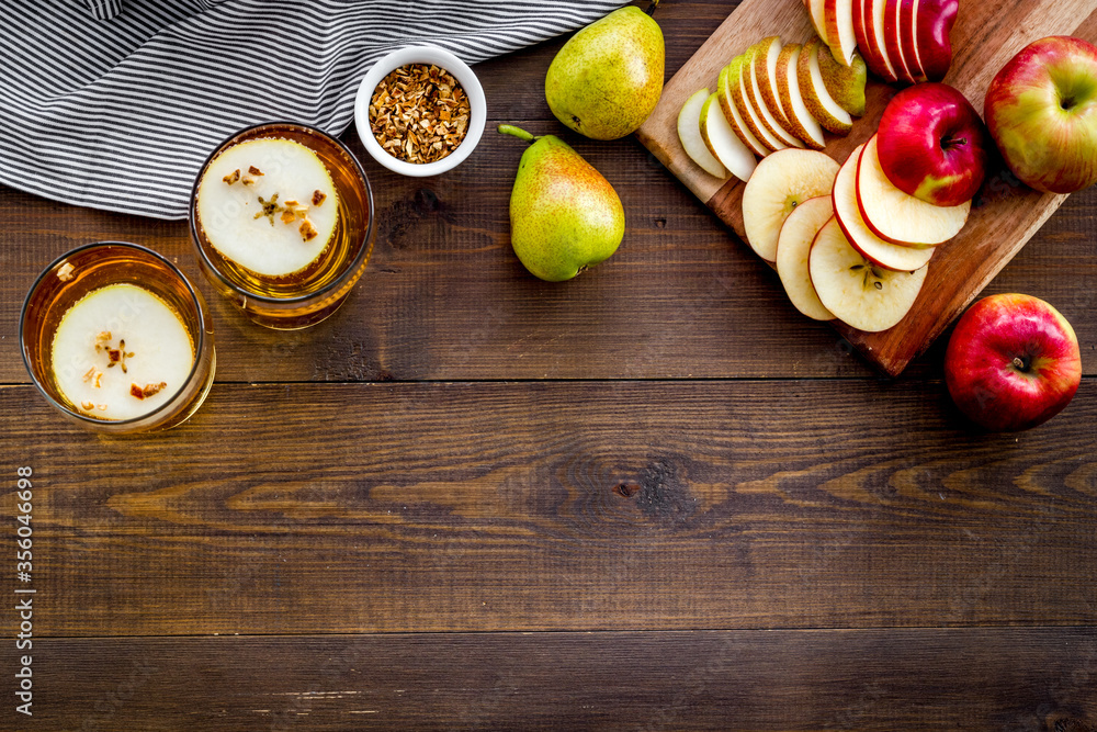 Fruit drinks with apple and pear on wooden table top-down copy space Fruit drinks with apple and pear on wooden table top-down copy space
