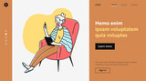 Elderly lady using online app on tablet. Old woman with device sitting in armchair flat illustration. Digital communication, internet concept for banner, website design or landing web page