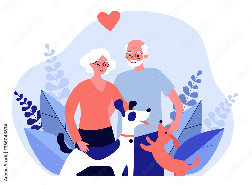 Happy senior couple with dogs. Family, pet, relationship flat vector illustration. Retirement and love concept for banner, website design or landing web page Happy senior couple with dogs. Family, pet, relationship flat vector illustration. Retirement and love concept for banner, website design or landing web page