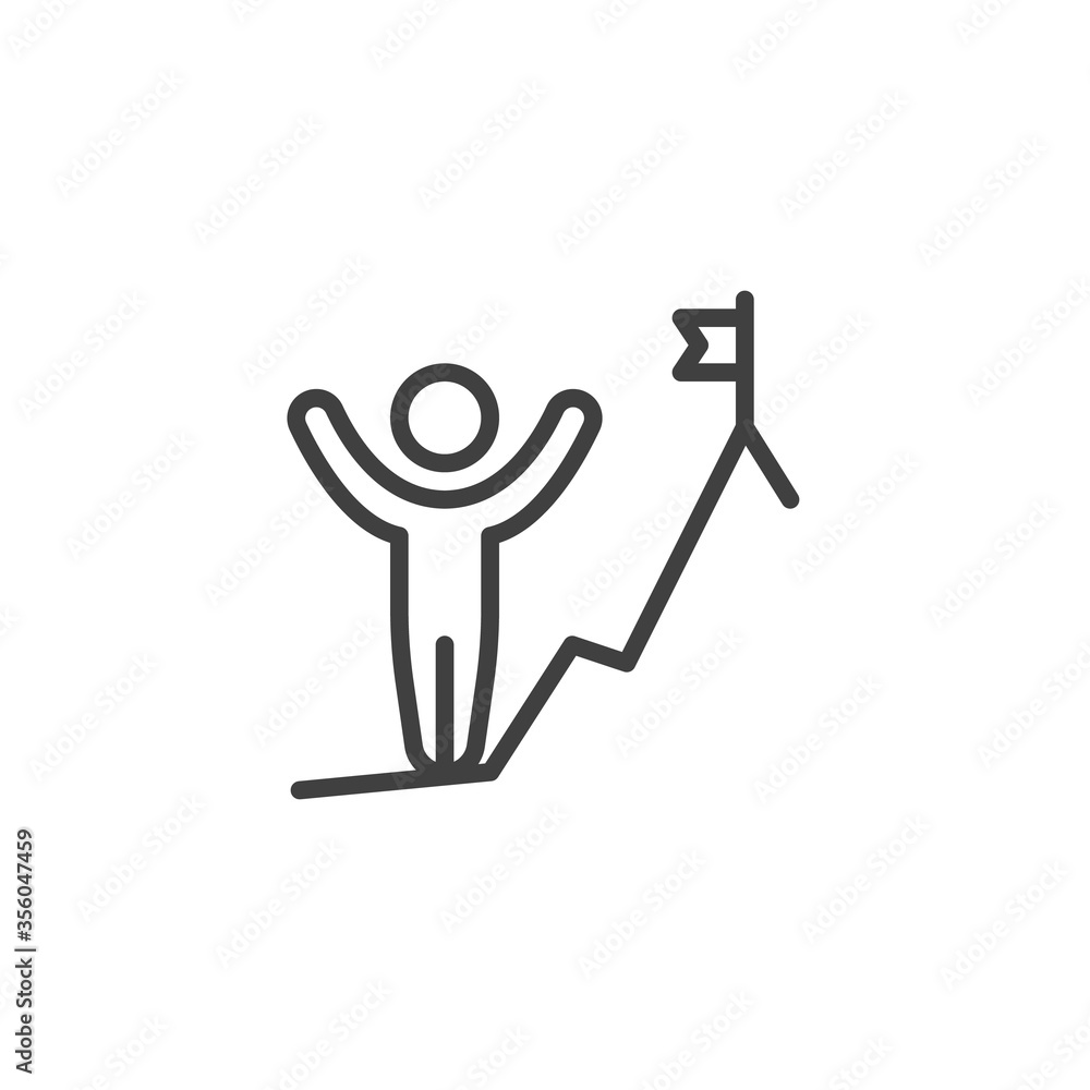Man on mountain with flag line icon. linear style sign for mobile concept and web design. Achievement of man outline vector icon. Business success symbol, logo illustration. Vector graphics Man on mountain with flag line icon. linear style sign for mobile concept and web design. Achievement of man outline vector icon. Business success symbol, logo illustration. Vector graphics