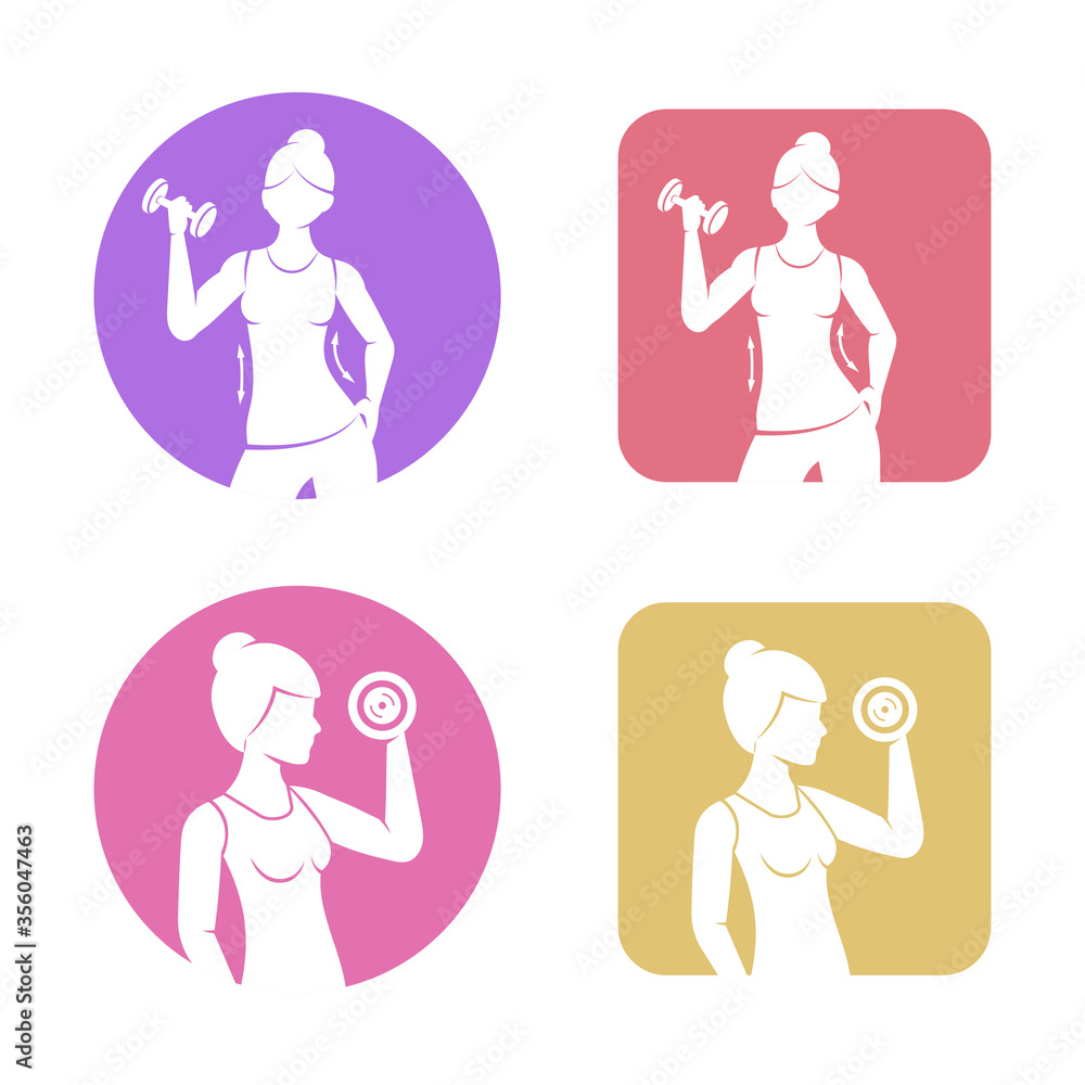 Athletic girl is engaged with a dumbbell flat icons. Fitness and healthy lifestyle vector illustration. Athletic girl is engaged with a dumbbell flat icons. Fitness and healthy lifestyle vector illustration.