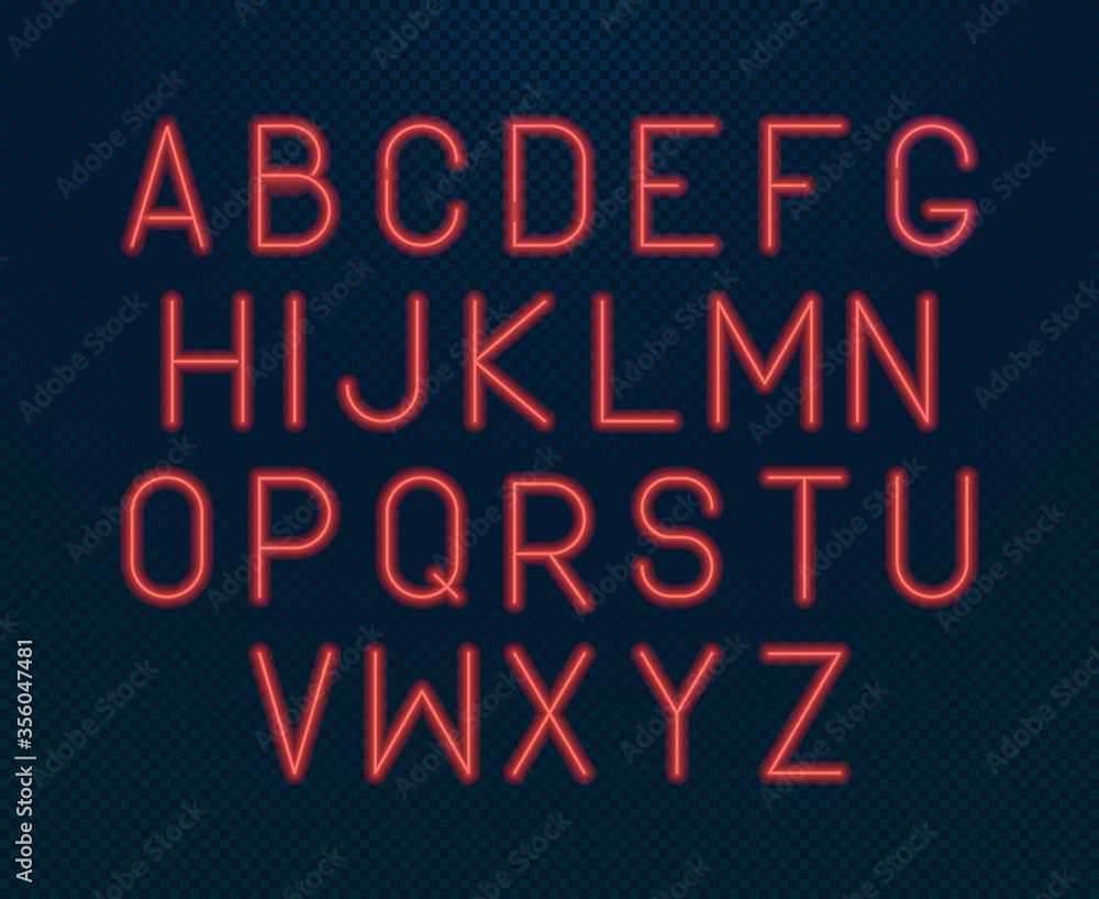 Neon alphabet. Glowing electric written font bright red backlit design alphabet fluorescent style set letters for casino advertising market business nightlife. Red neon vector font.