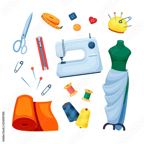 Sewing supplies set. Sewing machine white scissors mannequin fitting roll of fabric orange pin yellow bobbin thread green spool button needle zipper. Vector clipart.