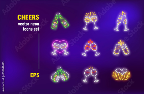 Cheers collection in neon style. Beer, wine, cocktail, glass and bottle. Vector illustrations for bright banners. Beverage and entertainment concept
