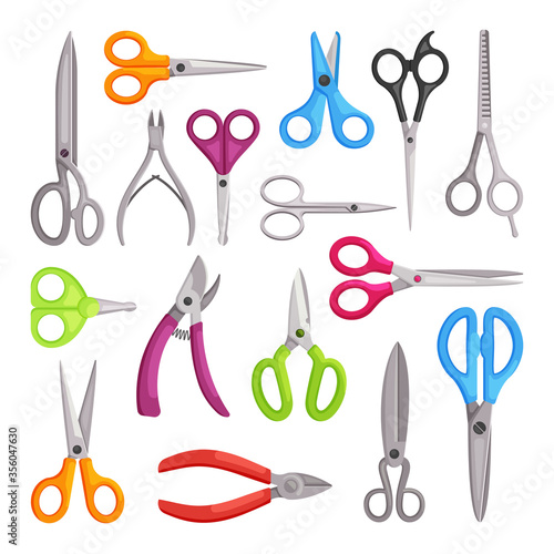 Scissors large set. Universal hairdressers blue kitchen garden scissors for metal nippers cutting, stationery long short orange surgical articulated sewing edges manicure green. Vector color flat.