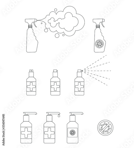 Set of antiseptics with spray and dispenser on a white background. Vector icons. Concept: disinfection, prevention, treatment, disinfection, cleaning, epidemic, pandemic, hygiene, sanitary, medical