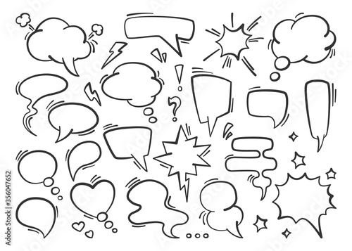 Speech bubble set. Silhouette conversational drawn message thoughts chat comics blank dialog sketch cloud question exclamation abstract dialog information white background. Vector cartoon silhouette.