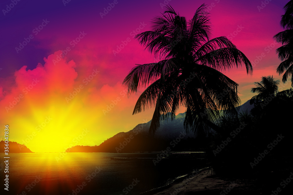 Sunset on tropical beach with palms