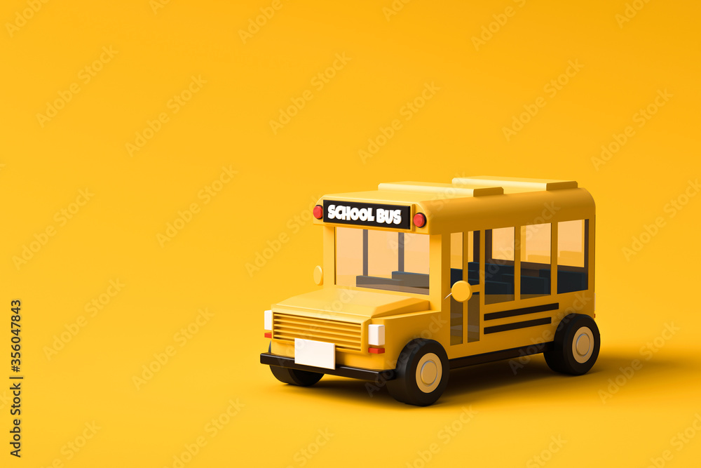 Yellow school bus on vivid yellow background with back to school concept. Classic school bus automobile. 3D rendering.