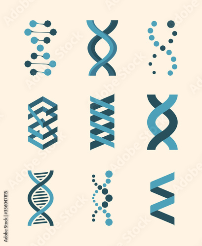 Molecule structure  dna helix set. Genetic code humans animals is molecular spiral biochemical genome dna chains rna modern technology genetic research. Graphic vector clipart.