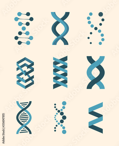 Molecule structure, dna helix set. Genetic code humans animals is molecular spiral biochemical genome dna chains rna modern technology genetic research. Graphic vector clipart.
