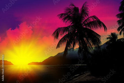 Sunset on tropical beach with palms