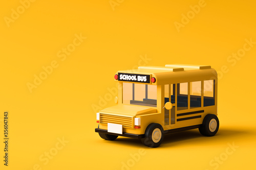 Yellow school bus on vivid yellow background with back to school concept. Classic school bus automobile. 3D rendering.