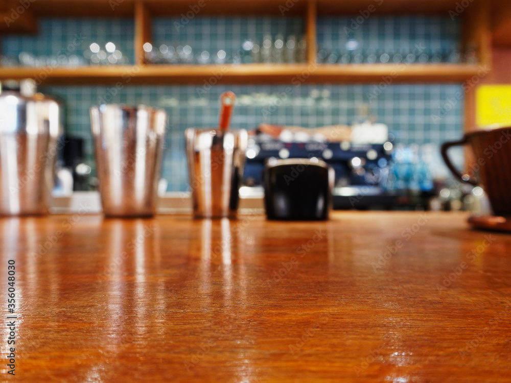 Obraz premium Table top wooden counter Bar shelf with Cocktail mixer indoor shop