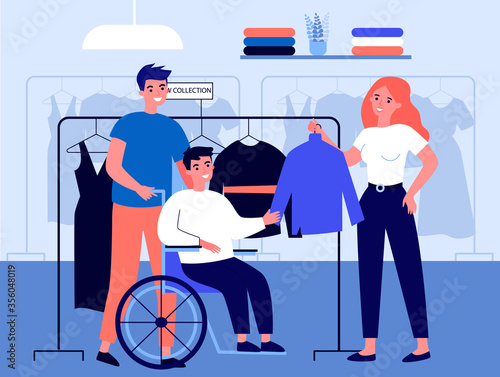 Friends helping handicapped man in clothes store. Assistance, care, nursing flat vector illustration. Friendship and relationship concept for banner, website design or landing web page