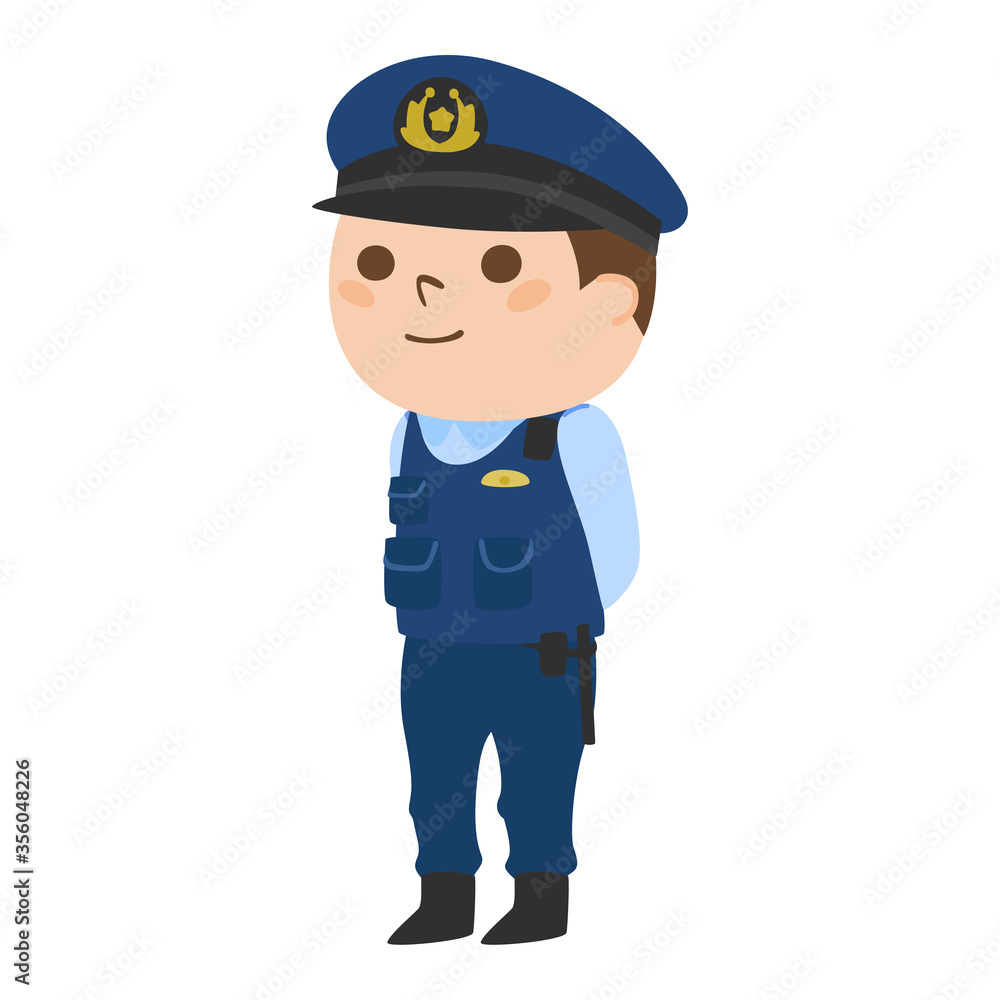 交番の前で立っている男性警察官のイラスト。