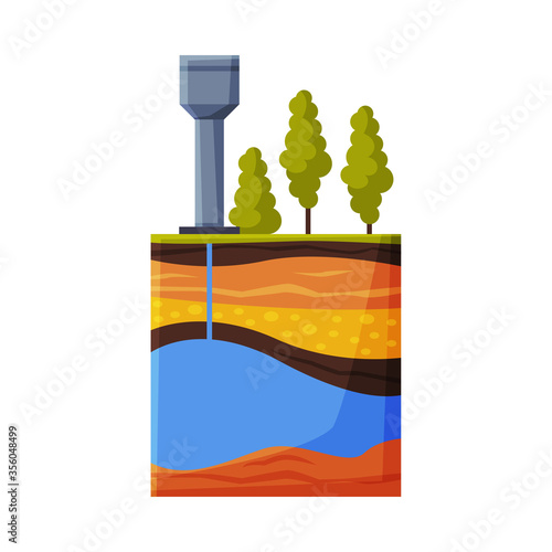Water Tower Supply System from Water Source Flat Style Vector Illustration on White Background