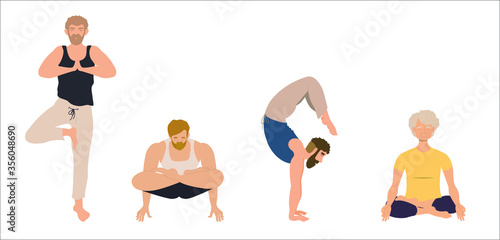 Set of men doing yoga. Young, elderly guys and men do exercises, stand on hands, lotus position, meditation. Vector illustration, flat cartoon design, eps 10.