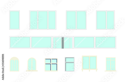 Set of windows and glass showcases, sliding doors. Vector illustration, flat cartoon design.