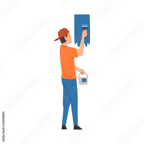 Man with Spatula and Plaster Doing Renovation, Home Renovation, Male Construction Worker Character with Professional Equipment Vector Illustration on White Background