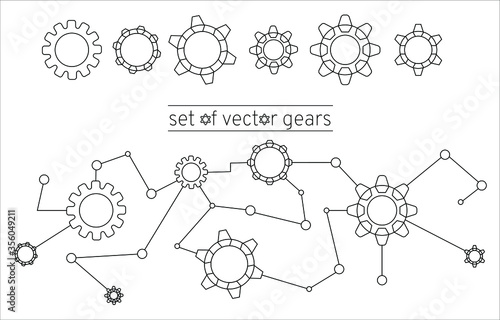 Gears set of different shapes. Concept: mechanism of action, the process of thinking, brainstorming, creation technology, rotation, a system of auxiliary mechanisms. Vector illustration, eps 10.