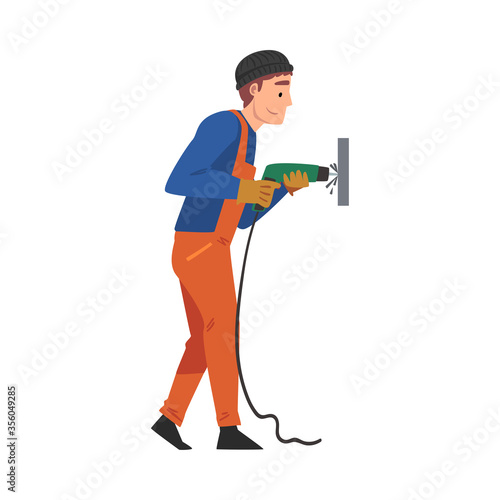 Man Drilling Wall with Drill, Home Renovation, Male Construction Worker Character with Professional Equipment Vector Illustration