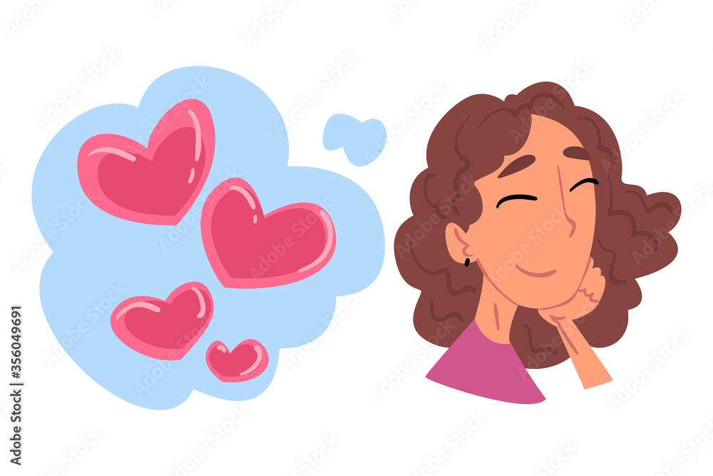Young Woman Dreaming about Love, Loneliness and Need of Love Cartoon Style Vector Illustration on White Background Young Woman Dreaming about Love, Loneliness and Need of Love Cartoon Style Vector Illustration on White Background