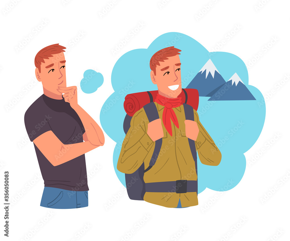 Young Man Dreaming about Hiking, Human Thoughts and Needs Cartoon Style Vector Illustration on White Background Young Man Dreaming about Hiking, Human Thoughts and Needs Cartoon Style Vector Illustration on White Background