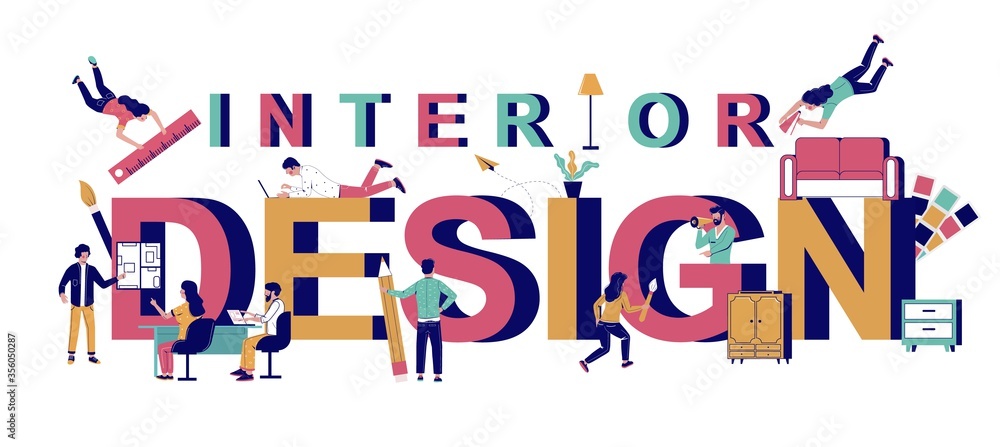 Interior design typography banner template, vector flat illustration Interior design typography banner template, vector flat illustration