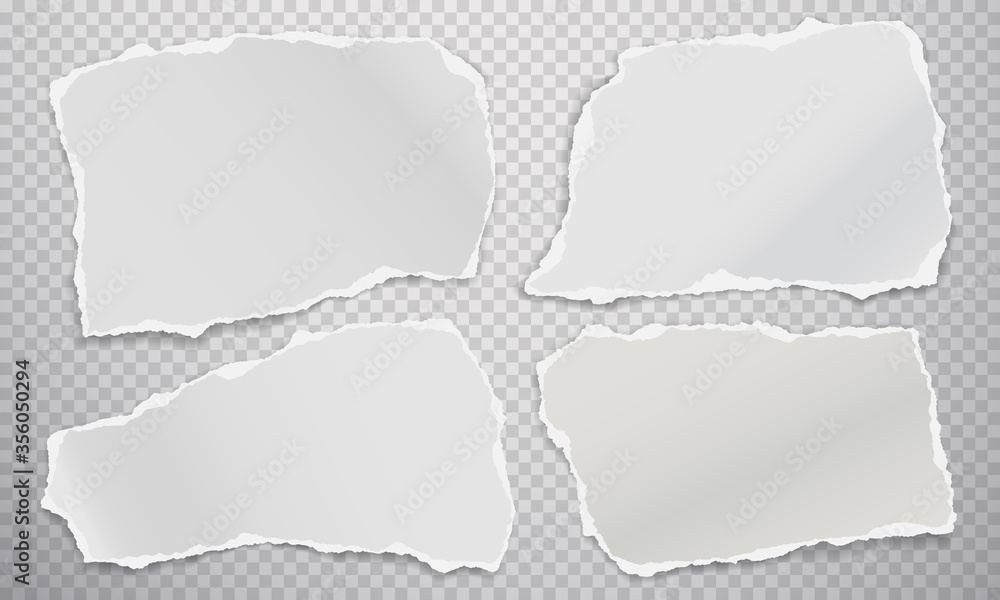 Torn of white note, notebook paper strips and pieces stuck on squared background. Vector illustration