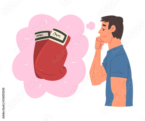 Young Man Dreaming about Boxing Gloves, Human Thoughts and Needs Cartoon Style Vector Illustration on White Background
