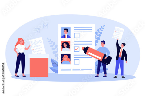 Democracy election flat vector illustration. Cartoon citizens voting during election, ballot or poll. Freedom, society ideology and constitution concept