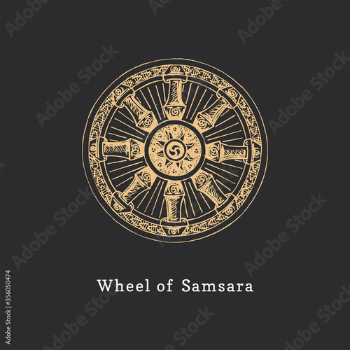 Samsara, Wheel of Life, vector illustration in engraving style. Vintage pastiche of esoteric and occult sign.
