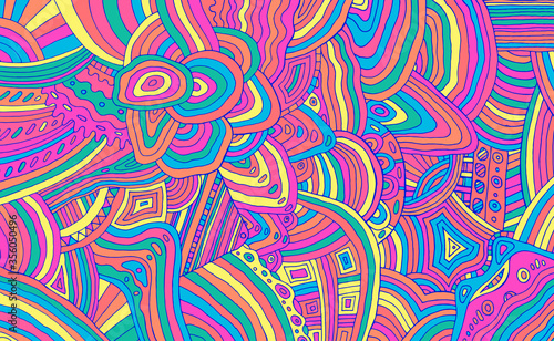 Bright neon trippy doodle stripe pattern. Colorful rainbow abstract detalized ornament. Psychedelic texture. Vector illustration