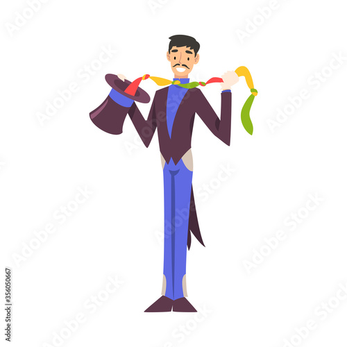 Magician Doing Tricks with Handkerchief, Illusionist Character in Tailcoat and Top Hat Performing at Magic Show Cartoon Style Vector Illustration