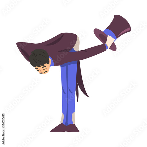 Magician Bowing to Spectators, Illusionist Character in Tailcoat and Top Hat Performing at Magic Show Cartoon Style Vector Illustration